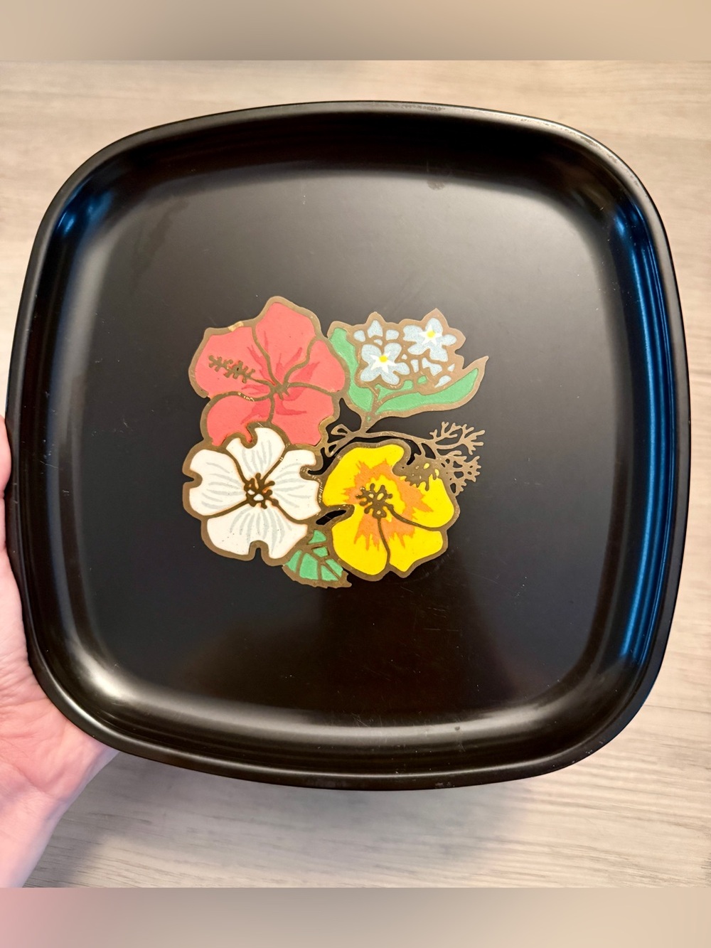 EUC Vintage Couroc Tray Western Airlines Monterey CA Flowers Hibiscus 8.5” Plate